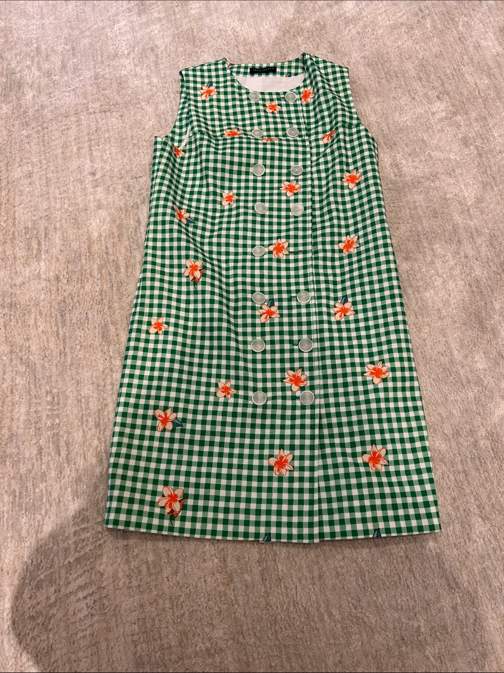 Tara Jarmon Green Gingham Mini Dress With Orange Floral Accents